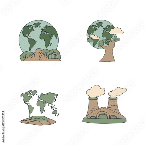 Environmental concepts showing earth with nature elements and pollution illustration set for eco awareness designs