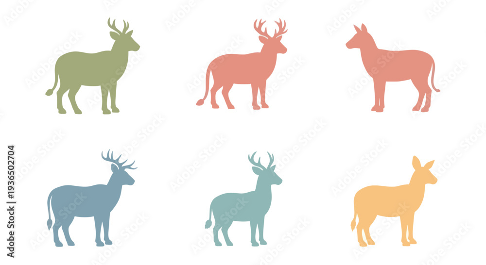 Obraz premium Colored deer and doe silhouettes set in simple flat style for nature and wildlife designs, hunting themes, or animal illustrations