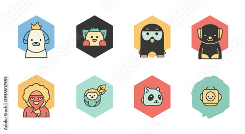 Set of colorful cartoon character icons including animals, humans, robot, and fantasy figures on geometric backgrounds, perfect for app and game design