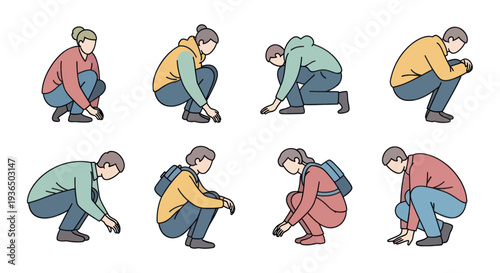Set of diverse people crouching and squatting in casual clothes with backpacks on white background, vector illustration for lifestyle or activity concept