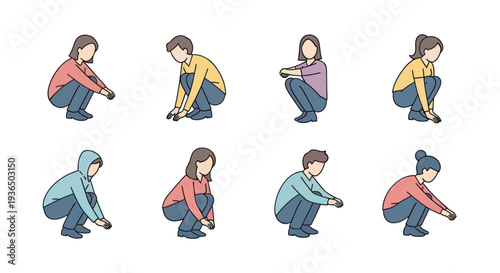Set of diverse people squatting in casual clothing, illustration for relaxation, exercise, or resting pose concepts