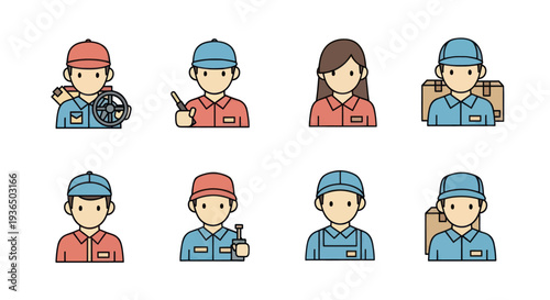 Set of delivery and service workers icons in uniform with caps, carrying packages and tools, ideal for logistics and customer service design