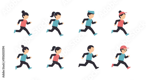 Set of diverse flat style cartoon people running in different outfits and hairstyles, perfect for fitness, health, or active lifestyle projects