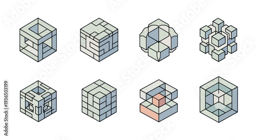 Set of eight abstract geometric cubes with intricate line patterns and transparent elements, perfect for design, tech, or architectural projects