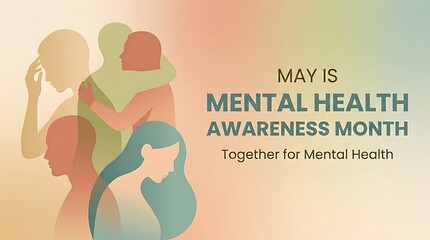 Mental Health Awareness Month Banner with Overlapping Human Silhouettes in Earth Tones, Minimalist Healthcare Graphic with Soft Sand and Teal Gradient, Professional Wellness Campaign Background