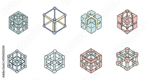 Set of eight colorful abstract 3D wireframe and block cube structures, geometric shapes design for technology and science concepts
