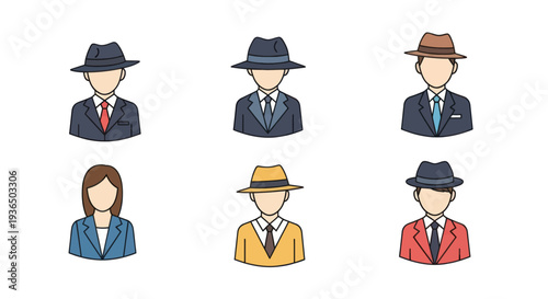Set of faceless business people avatars in formal suits and hats, diverse male and female characters for corporate and professional use
