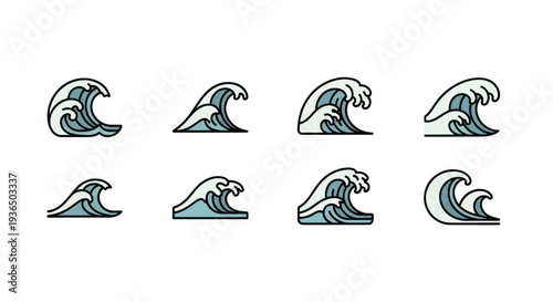 Set of eight stylized ocean wave icons in blue and gray colors with black outlines, perfect for sea, water, and beach designs