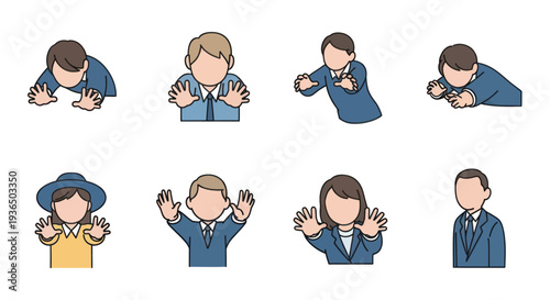 Set of faceless business people and woman in various stop or defensive hand gestures, flat cartoon style illustration for business and communication concept