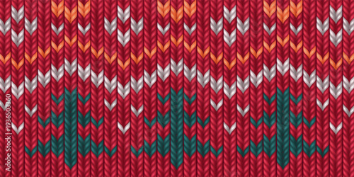 Nordic red sweater pattern with traditional Christmas knit design, realistic vector background. Seamless texture, decorative winter motifs with green trees, fairisle knitwear style for festive jumpers