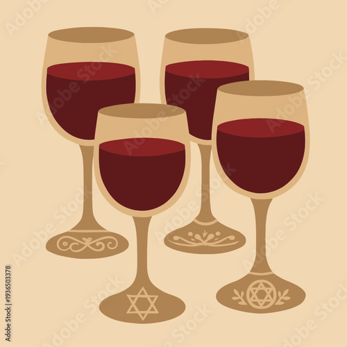 Four Cups of Wine for the Passover Seder with Ornate Goblets in Elegant Flat Vector Design
