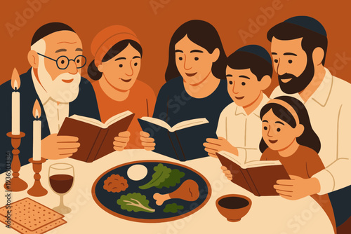 Family Gathered Around Passover Seder Table Reading the Haggadah on Passover Eve in Flat Vector Art