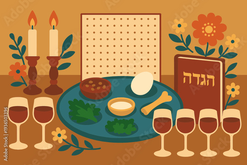 Festive Passover Eve Seder Table with Traditional Symbolic Foods and Matzah in Flat Vector Style