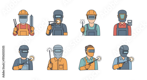 Set of welding worker icons with protective mask and torch, industrial welding process, construction and manufacturing concept