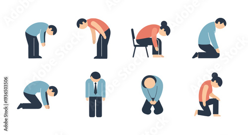 Set of tired, exhausted people in various bent and kneeling postures tiredness and fatigue concept illustration, suitable for health and wellness content