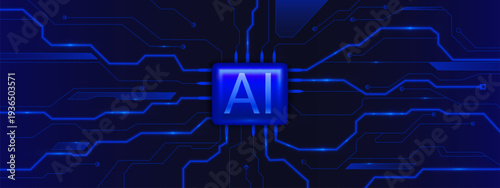AI chip board design with neon glowing circuit pattern and tech element, abstract vector background. Digital processor with blue semiconductor architecture and intelligent computing power.