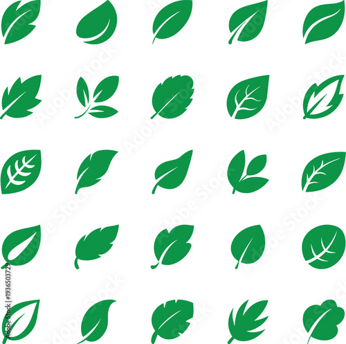 Green Leaf Icon Set Featuring Nature Leaves, Eco Plant Symbols and Botanical Foliage Shapes for Organic Branding, Environmental Design, Gardening, Agriculture, Sustainability