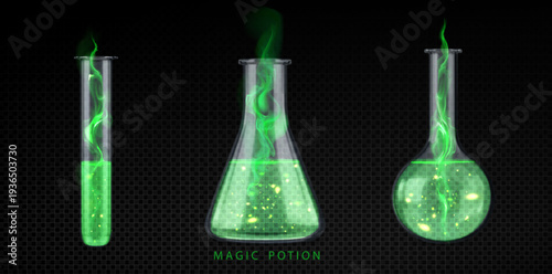 Magical potion elixir bottle with glowing green smoke swirls and mystical smoke effects, realisctic vector illustrations. Lab glassware flask full of liquid, fantasy spell designe elements