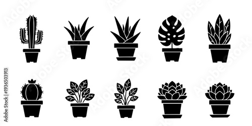 Collection of Various Potted Plants and Cacti in Black Silhouettes