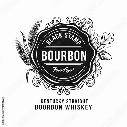 Classic Bourbon Branding Label with Vintage Decorative Frame and Wooden Barrel Distillery Illustration