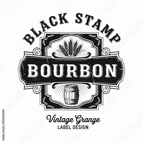 Retro Whiskey Bottle Label Featuring Elegant Scrollwork Frame and Classic Bourbon Distillery Badge