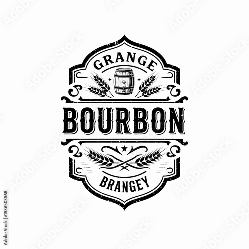 Vintage Bourbon Distillery Emblem with Ornamental Frame, Decorative Flourishes, and Wooden Barrel Icon