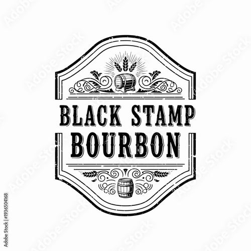 Retro Whiskey Bourbon Logo with Ornamental Frame, Barrel Icon, and Classic Distillery Label Design