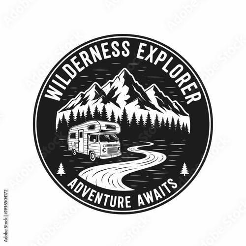 Classic Adventure Expedition Badge with Mountain Peaks, Campfire Flames, River Path, and Forest Trees Logo