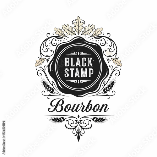 Vintage Bourbon Whiskey Label Design Featuring Decorative Flourishes, Wooden Barrel Illustration, and Classic Distillery Branding Badge