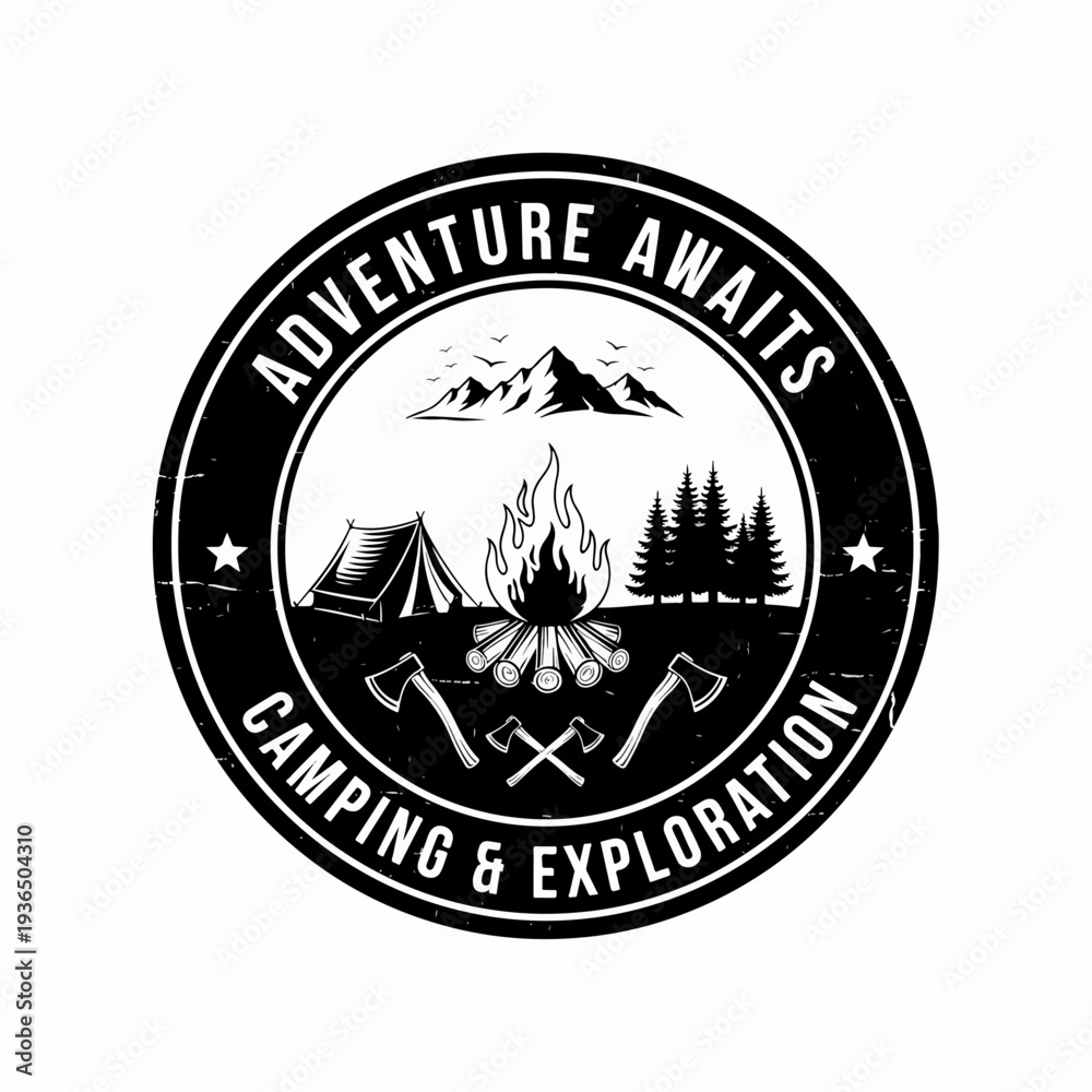 Fototapeta premium Retro Explore the Wild Logo Featuring Mountains, Campfire, Lantern Light, and Forest Adventure Badge Design