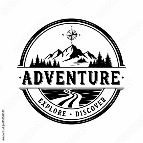 Classic Mountain Camping Badge Featuring Pine Forest, Campfire Flames, River Path, and Lantern Adventure Logo