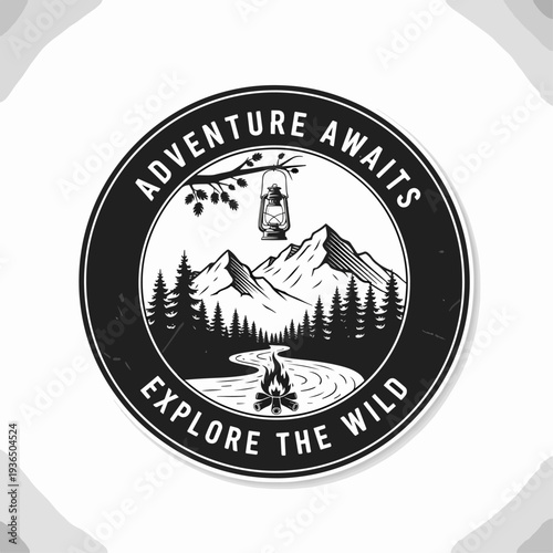 Vintage Adventure Awaits Wilderness Badge Featuring Mountains, Pine Forest, Campfire, River Path, and Lantern Outdoor Exploration Logo