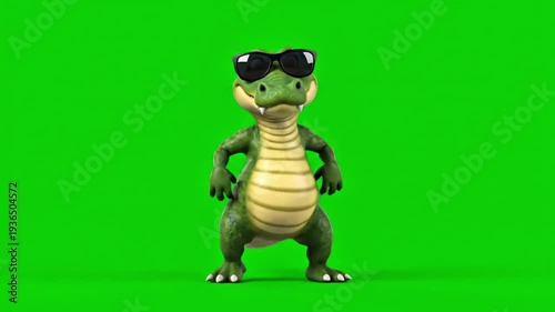 A cute, animated cartoon alligator wearing sunglasses performs a fun dance on a green screen background, perfect for creative projects