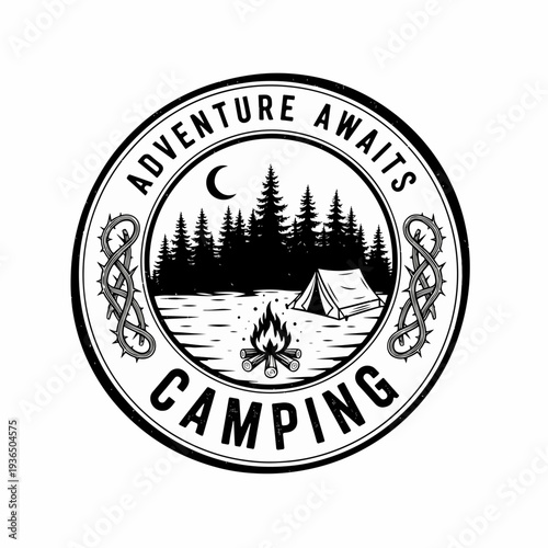 Classic Wilderness Camping Emblem Featuring Pine Forest, Camp Tent, Night Sky, and Campfire Adventure Badge Design