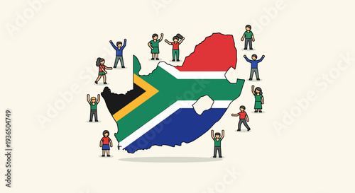 Illustration of diverse people celebrating around a colorful South Africa map on Freedom Day with joyful and patriotic mood.