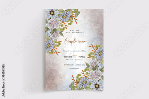 WEDDING INVITATION FRAME WITH FLOWER DECORATIONS AND FRESH LEAVES