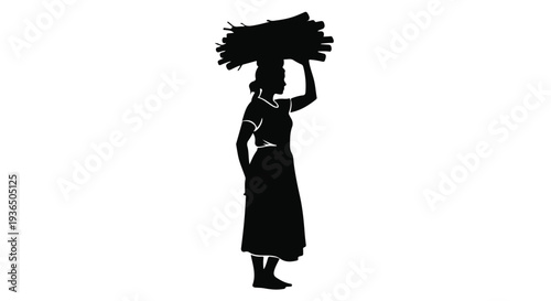 Silhouette of a woman carrying firewood on her head, symbolizing hard work and daily life.