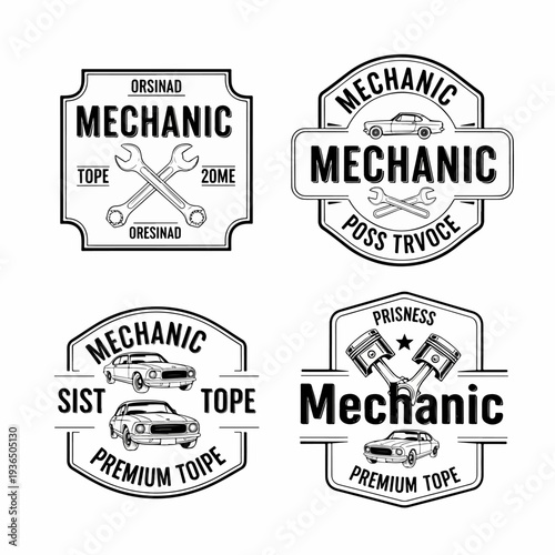 Original Automotive Service Logo Templates Featuring Engine Pistons, Wrenches, and Premium Quality Repair Shop Badges