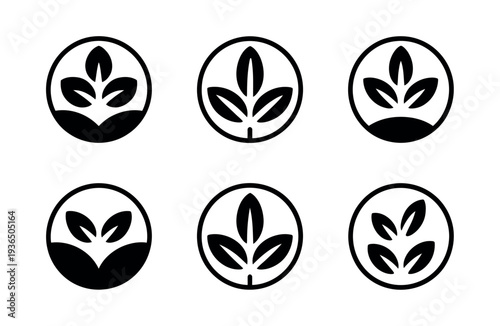 A set of six identical black and white plant logos with leaves in a circular frame