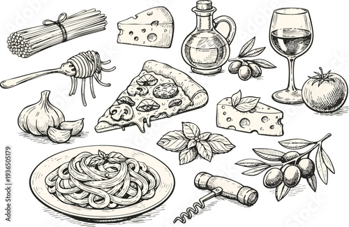 Hand Drawn Italian Food Doodle Vector Collection, Pizza Pasta Cheese Wine Line Art Icons