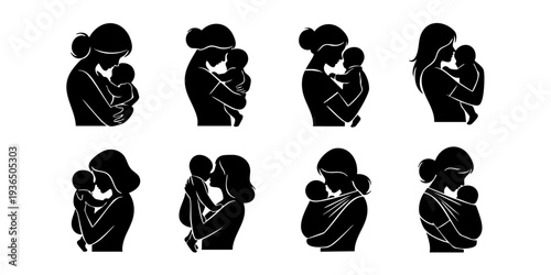 Set of silhouettes depicting mothers holding their babies from various viewpoints and tender moments