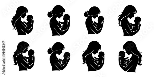 Collage of silhouetted mothers breastfeeding babies from various viewpoints and hairstyles