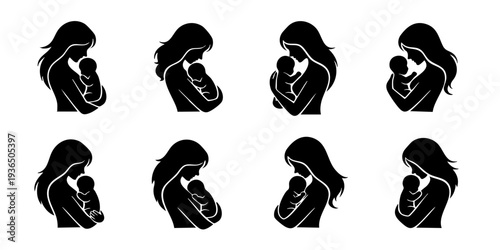 Illustrations of mothers holding their babies in various tender moments and loving embraces