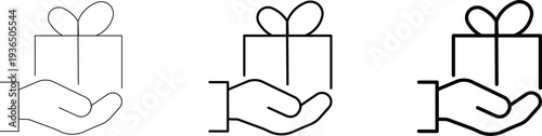 Line art illustration of a hand holding a wrapped gift box with a bow, symbolizing giving or receiving presents.