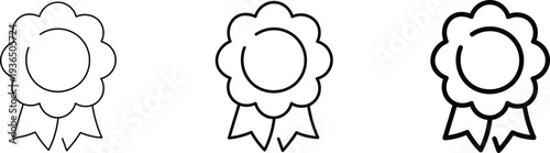 Three minimalist line art icons illustrating a rosette award badge with a flowing ribbon, symbolizing achievement and quality.