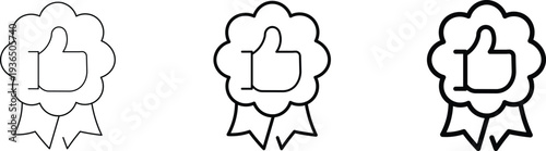 A line art illustration of a thumbs up gesture inside a decorative badge with ribbons, symbolizing approval, quality, or positive feedback.