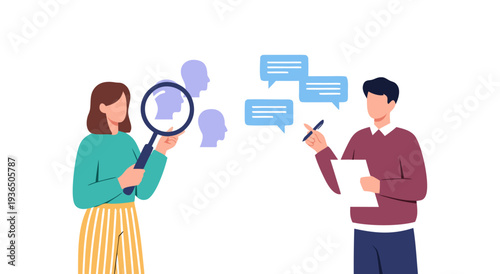 Recruitment process vector illustration with people analyzing profiles and communication bubbles