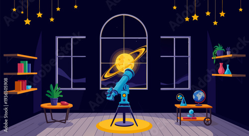 A Celestial Observatory Vector Illustration A Saturn View Telescope and Globes in a Cozy Room