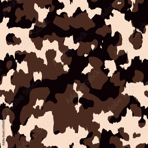 Cow seamless pattern. Vector animal skin print, grunge black and brown spots on beige background. Natural spotted texture for textile, fabric, dairy farm decor, wrapping paper, wallpaper, backdrop.
