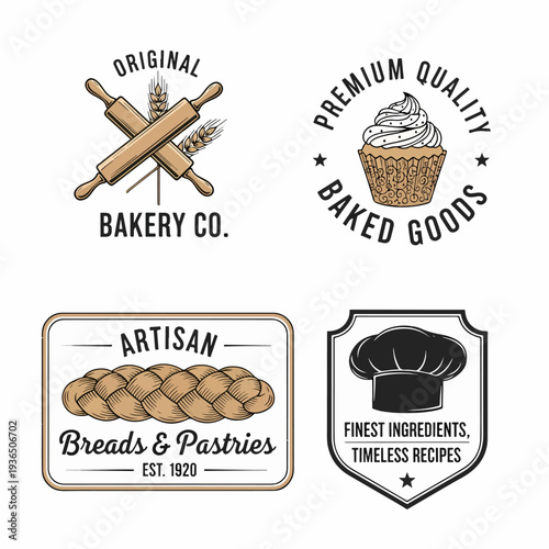 Classic Bake Shop Logo Templates with Rolling Pin Graphics, Bread Illustrations, and Vintage Dessert Labels